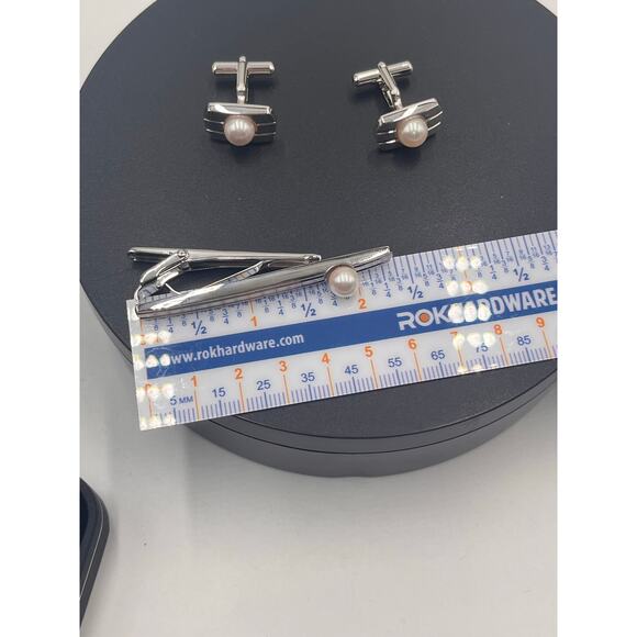 Japanese Vintage Akoya Pearl Tie Clip Cuff Link Set 2013 Japan 10k Gold Plated - Picture 12 of 13